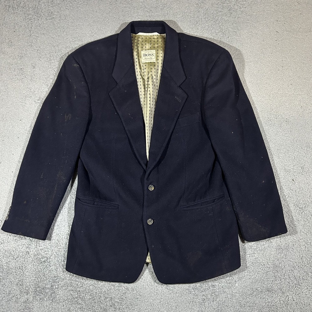 Vintage Hugo Boss Mens Blazer 38R Navy Blue Wool Cashmere Coat Jacket Made Italy